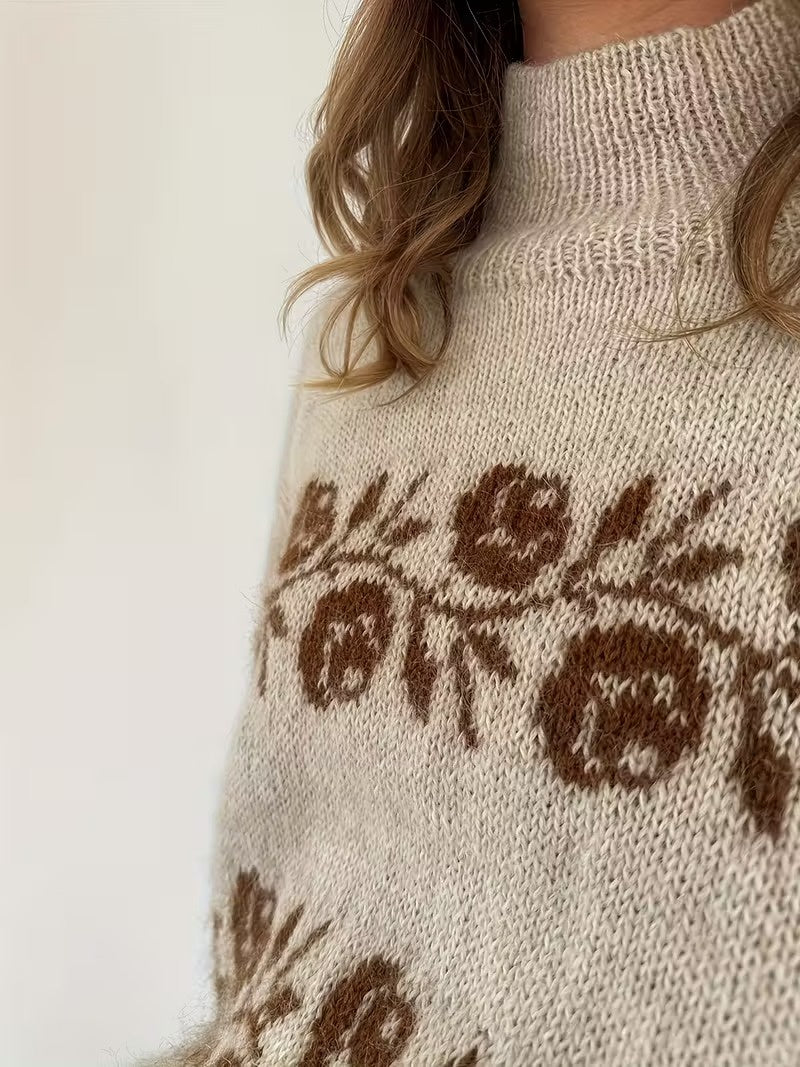 Damski Sweter z Wysokim Kołnierzem w Wzór Kwiatowy