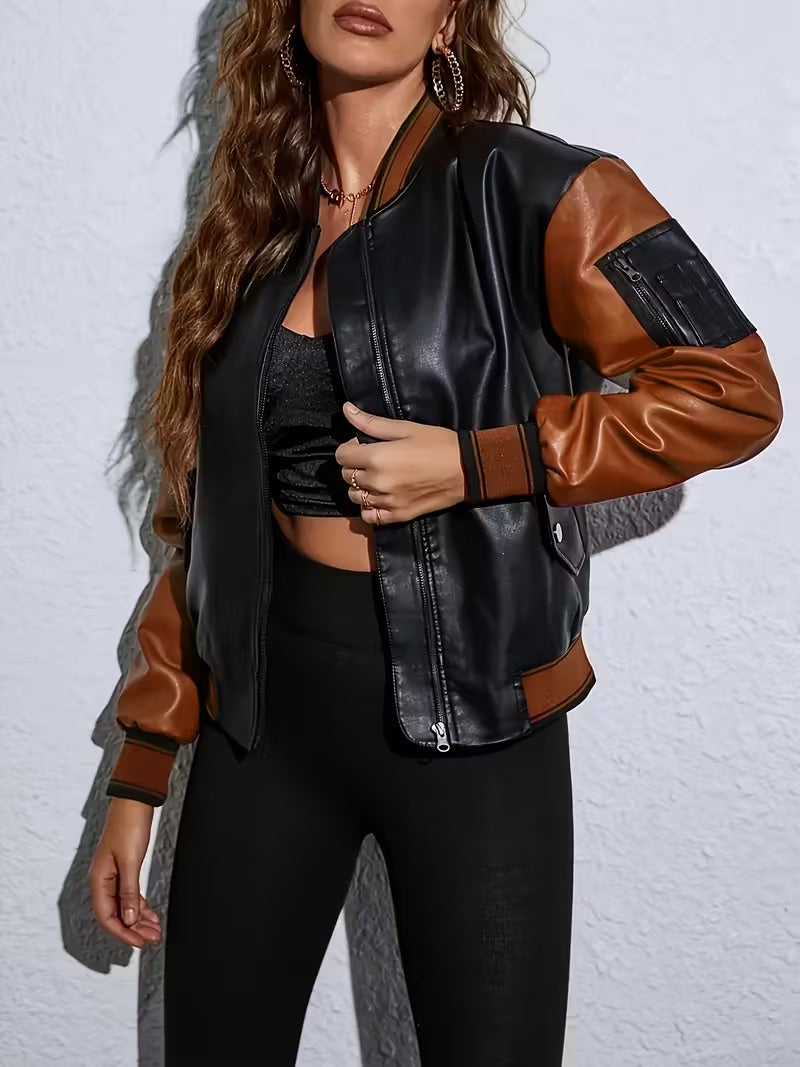 Damska Kurtka Na Zamek Z Kontrastowymi Rękawami