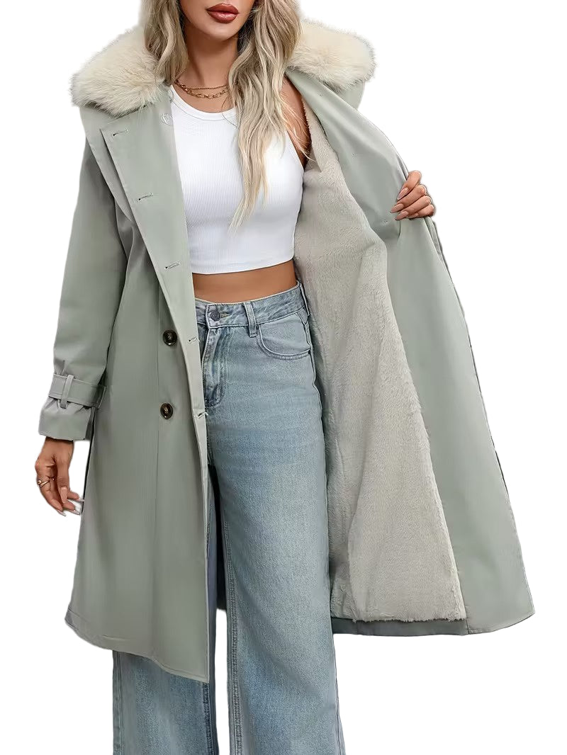 Damski Długi Płaszcz ze Sztucznym Futrzanym Kołnierzem