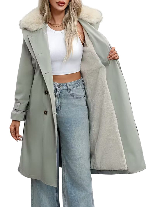 Damski Długi Płaszcz ze Sztucznym Futrzanym Kołnierzem