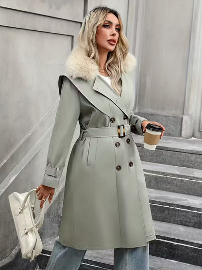 Damski Długi Płaszcz ze Sztucznym Futrzanym Kołnierzem