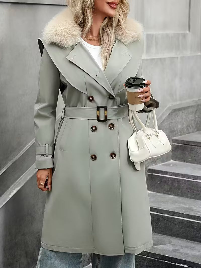 Damski Długi Płaszcz ze Sztucznym Futrzanym Kołnierzem