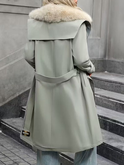 Damski Długi Płaszcz ze Sztucznym Futrzanym Kołnierzem