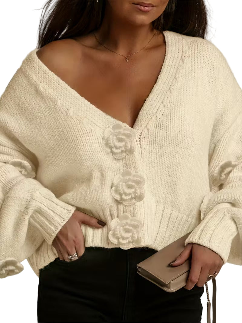 Damski Kardigan Z Dekoltem W Serek I Kwiatowymi Ozdobami