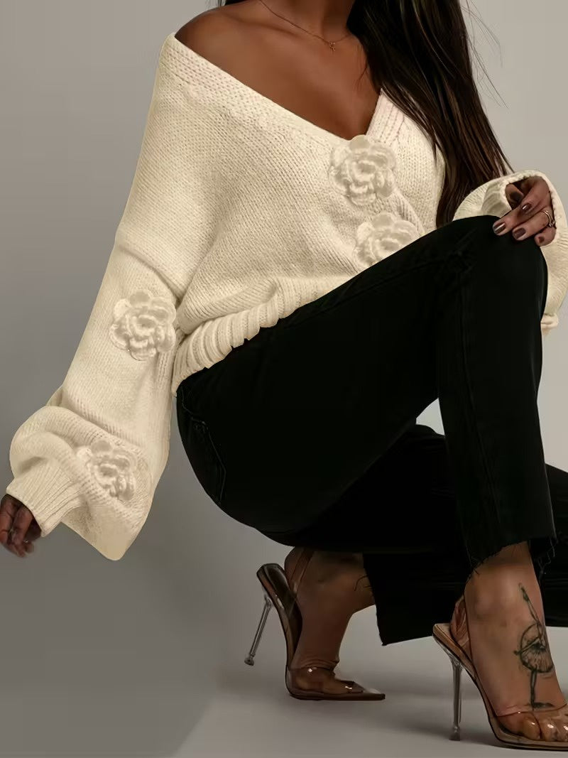 Damski Kardigan Z Dekoltem W Serek I Kwiatowymi Ozdobami