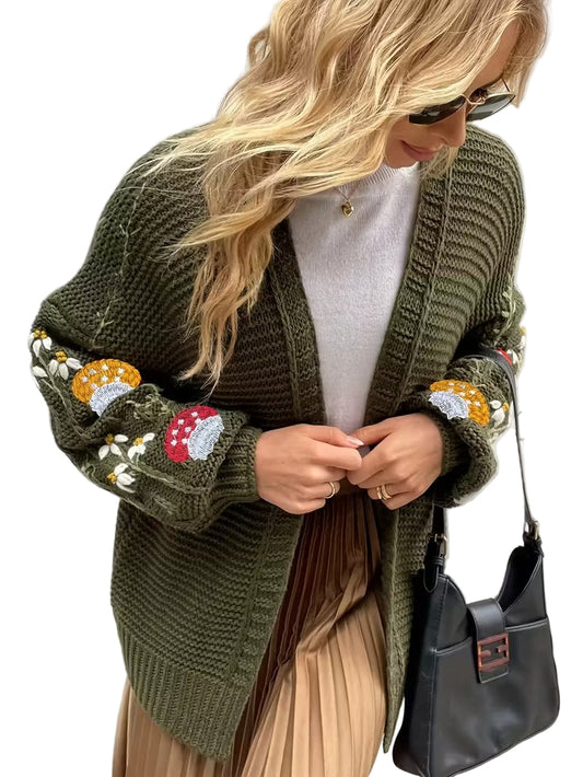 Damski Kardigan z Otwartym Przodem i Haftem na Rękawach