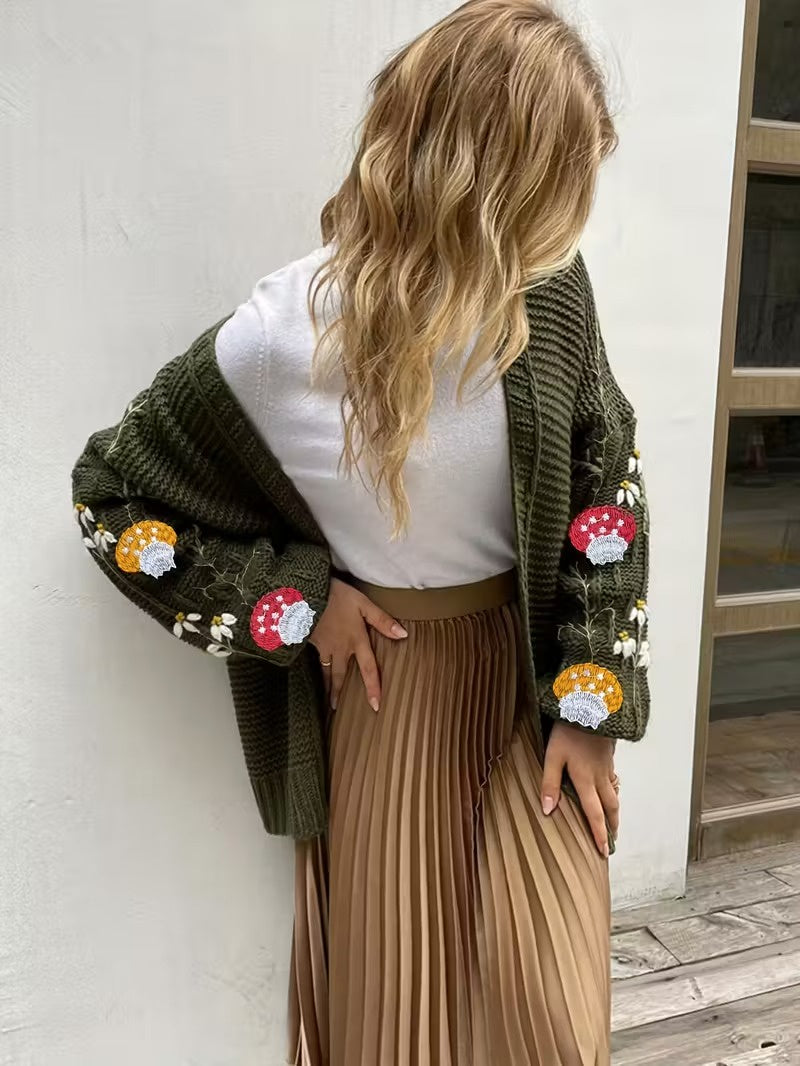 Damski Kardigan z Otwartym Przodem i Haftem na Rękawach