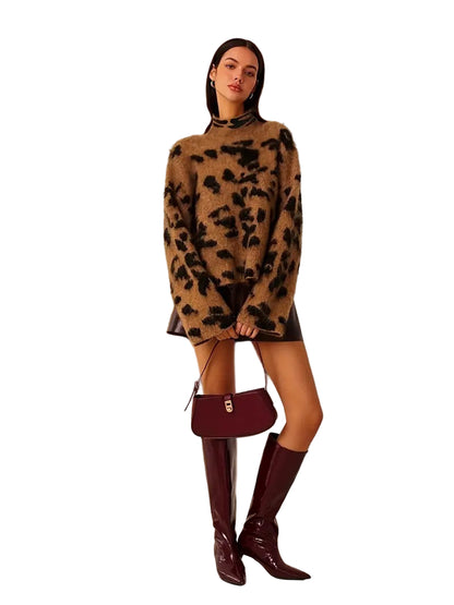 Damski Sweter w Cętki z Wysokim Kołnierzem