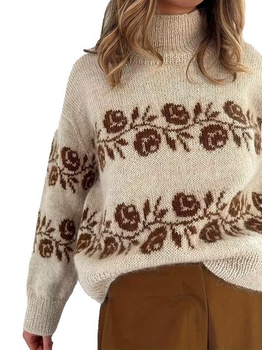 Damski Sweter z Wysokim Kołnierzem w Wzór Kwiatowy