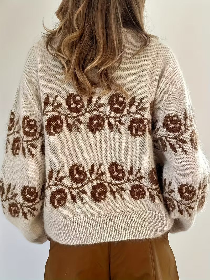 Damski Sweter z Wysokim Kołnierzem w Wzór Kwiatowy