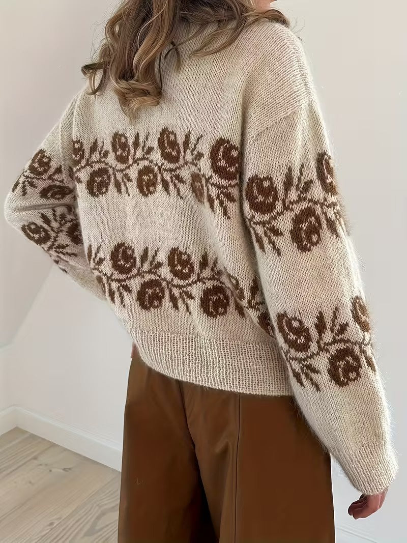 Damski Sweter z Wysokim Kołnierzem w Wzór Kwiatowy