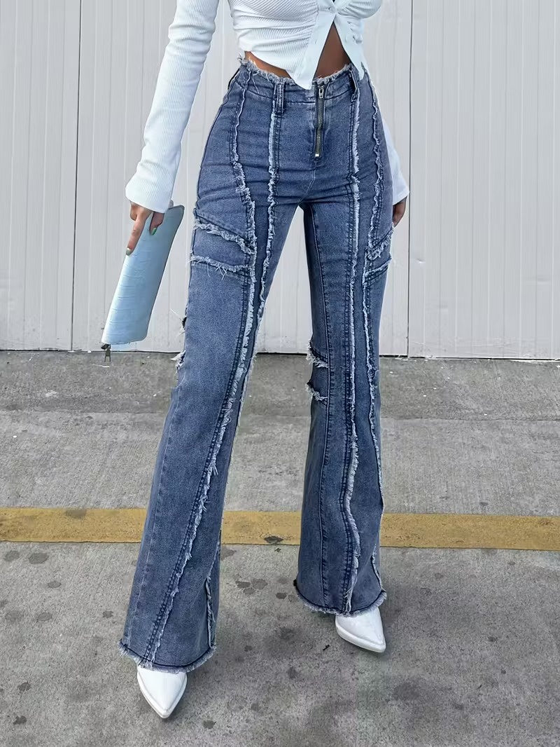 Damskie Spodnie z Wysokim Stanem i Rozszerzanymi Nogawkami