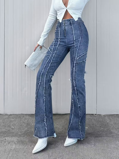 Damskie Spodnie z Wysokim Stanem i Rozszerzanymi Nogawkami