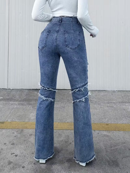 Damskie Spodnie z Wysokim Stanem i Rozszerzanymi Nogawkami