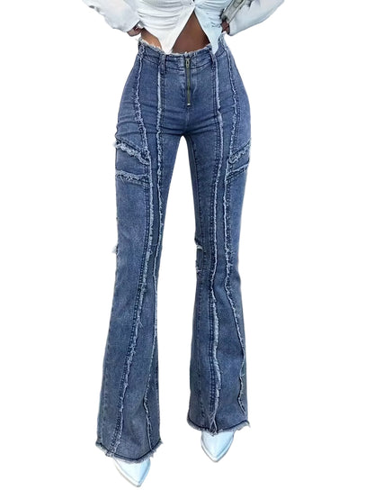 Damskie Spodnie z Wysokim Stanem i Rozszerzanymi Nogawkami